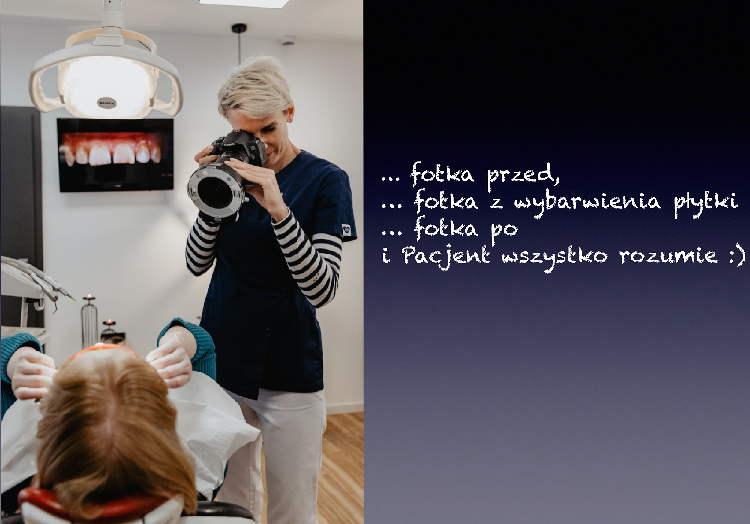 higienistka wykonuje zdjęcie zębów po wykonaniu kolejnych etapów leczenia i higienizacji