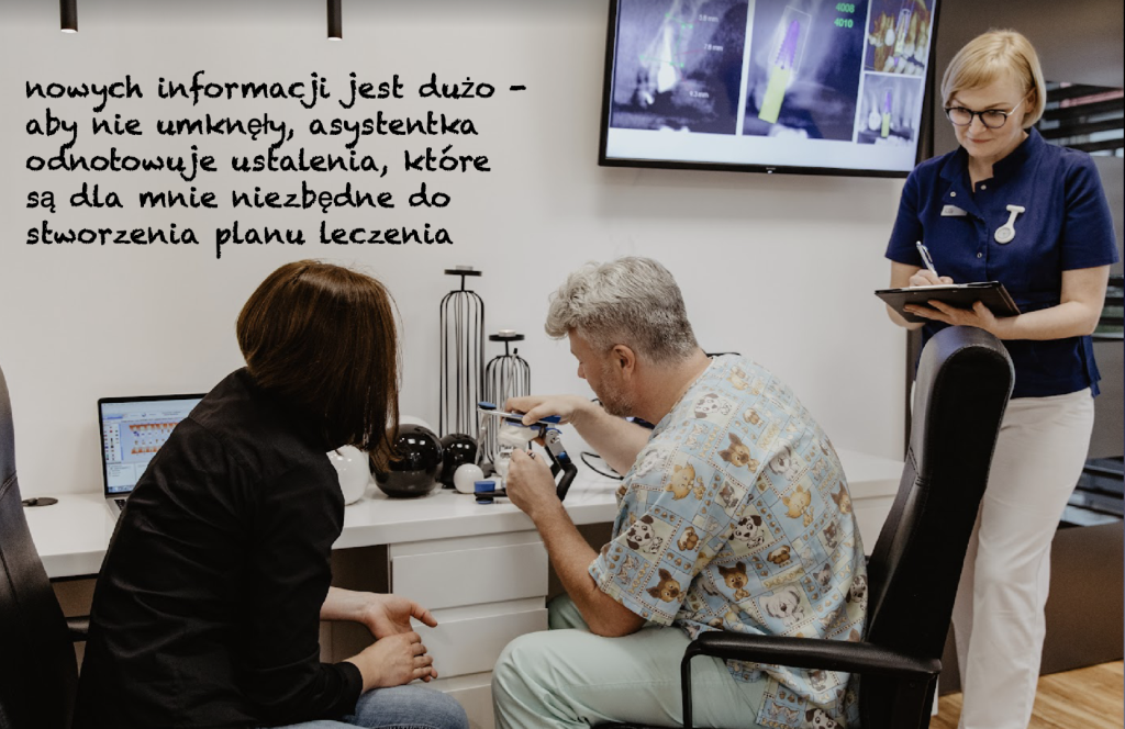 nowych informacji jest dużo - aby nie umknęły, asystentka odnotowuje ustalenia, które są dla mnie niezbędne do stworzenia planu leczenia